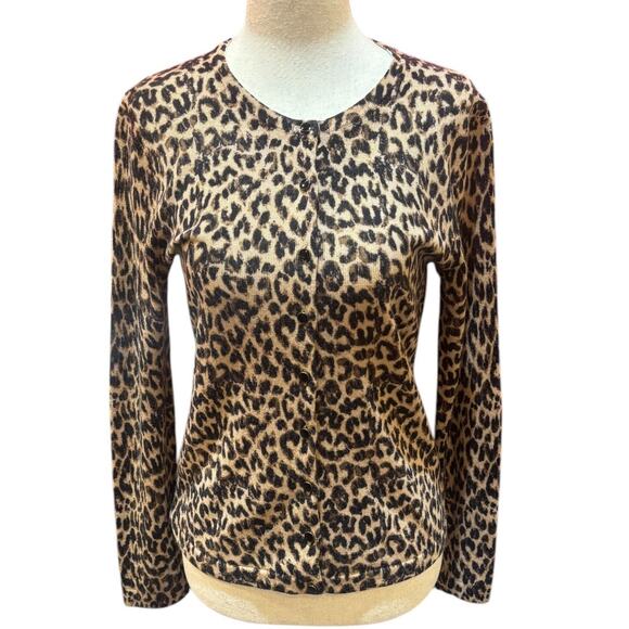 Women’s PM Petite Medium Lord & Taylor Leopard Extra Fine Merino Wool Cardigan - Picture 1 of 6